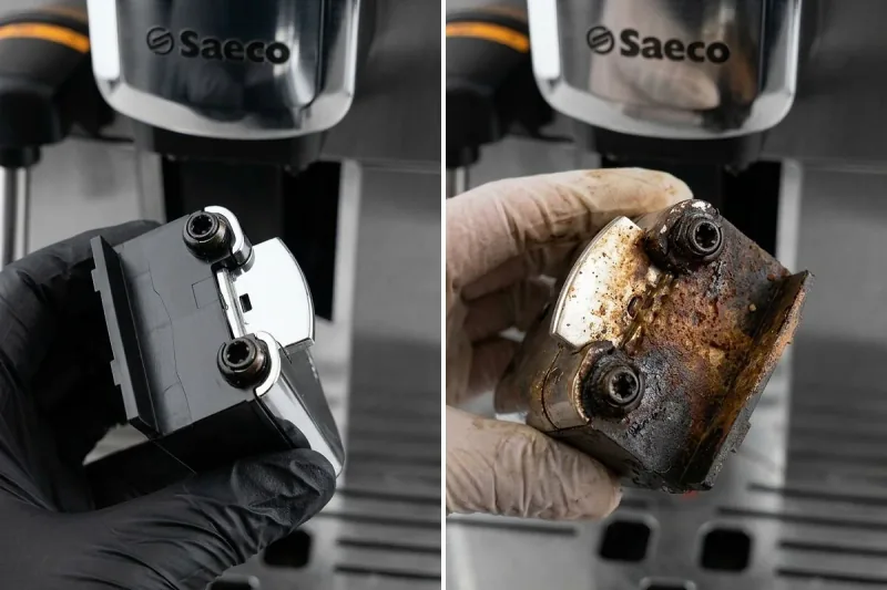 Czyszczenie ultradźwiękowe wylewki kawy przed i po serwisie Amar Serwis Olsztyn